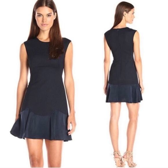 Rebecca Taylor Textured Stacy Sheath Flounce Hem Crewneck Navy Dress Size 6 - Picture 2 of 16